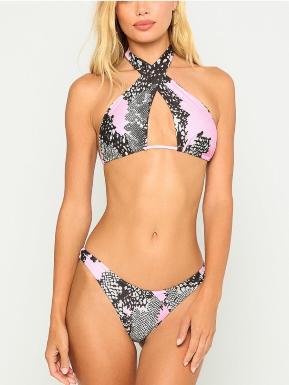 Beach Bunny Crossed Bikini Top | Pink Black Snakeskin